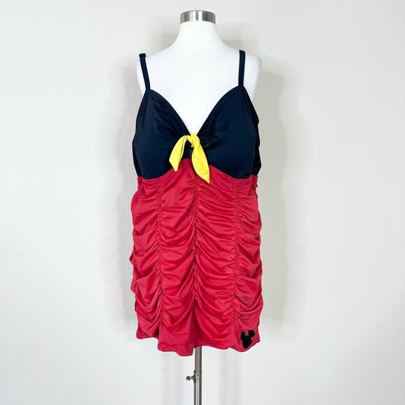 Torrid | Disney Mickey Mouse Red Black Ruched Shorts Style One Piece Swimsuit - Picture 2 of 14
